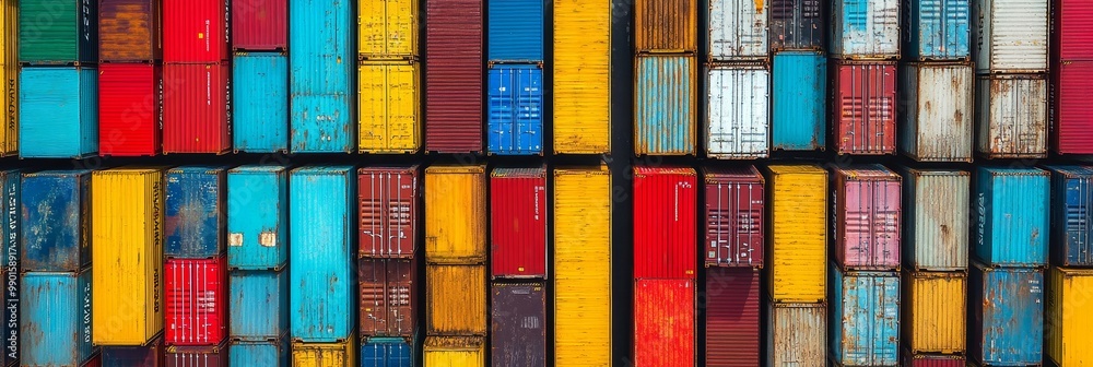 Vibrant aerial view of a shipping container yard, showcasing colorful containers stacked in rows, representing global trade, logistics, and transportation.