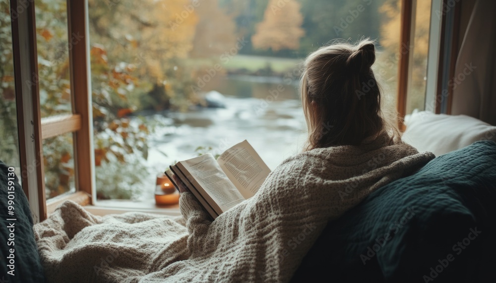 Cozy Autumn Reading by the Window Overlooking a River Cozy Autumn Reading by the Window Overlooking a River