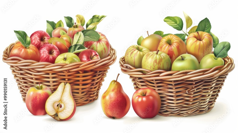 Two baskets of fruit, one with pears and apples and the other with apples Two baskets of fruit, one with pears and apples and the other with apples