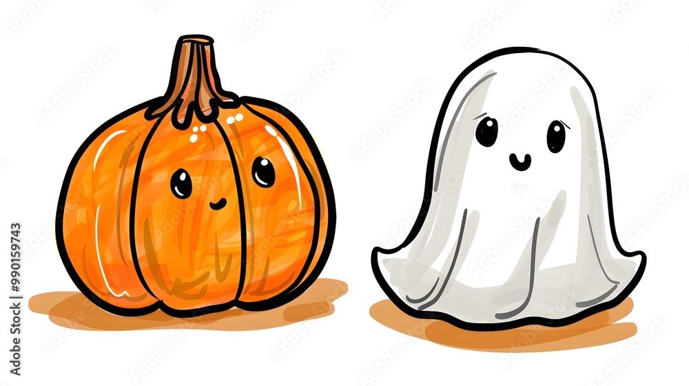 A charming sketch of a whimsical pumpkin and ghost. This playful design captures the lighthearted spirit of Halloween, making it perfect for festive decorations, children's art projects A charming sketch of a whimsical pumpkin and ghost. This playful design captures the lighthearted spirit of Halloween, making it perfect for festive decorations, children's art projects