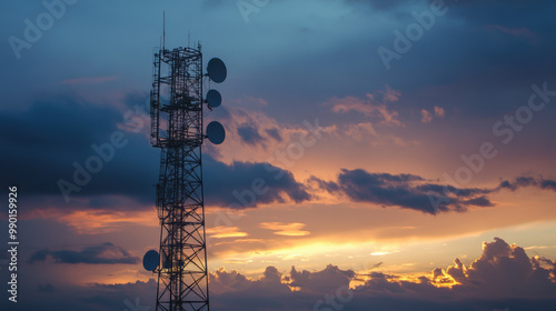 tall communication tower stands against vibrant sunset sky, showcasing antennas and metallic structure. scene evokes sense of connectivity and technology amidst natures beauty