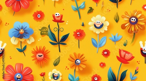 Wallpaper Mural Colorful floral pattern featuring cheerful animated flowers on a bright yellow background in a whimsical design Torontodigital.ca