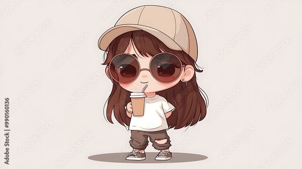 Cute Cartoon Illustration of Girl with Sunglasses Drinking a Beverage Cute Cartoon Illustration of Girl with Sunglasses Drinking a Beverage