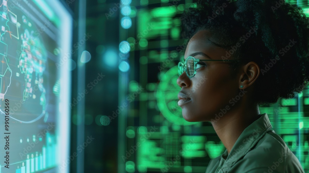 A woman wearing glasses is looking at a computer screen with a green background