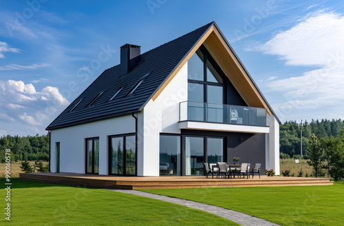 Modern two-story house with gable roof, black and white color scheme, large windows on the front facade, wooden cladding on one side of window frames, modern garden in front of it