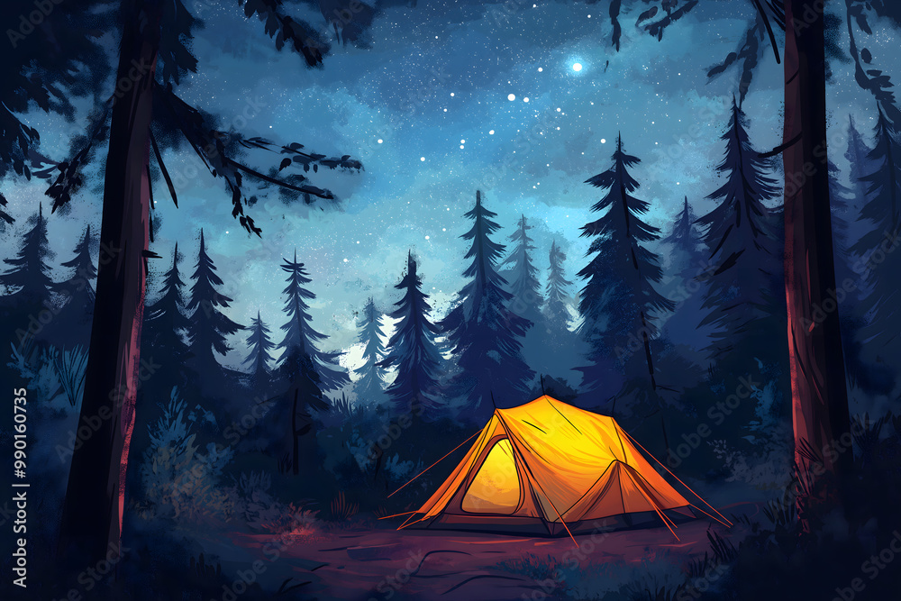 A cozy tent nestled in a quiet forest, with a vast, star-filled sky above A cozy tent nestled in a quiet forest, with a vast, star-filled sky above
