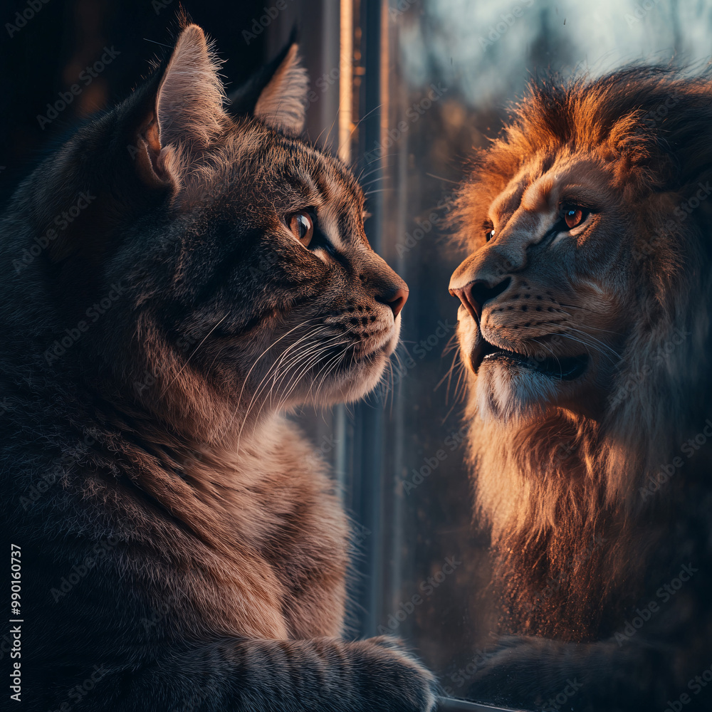 Fototapeta premium Cat looking at mirror and sees itself as a lion. Self esteem or desire concept. 