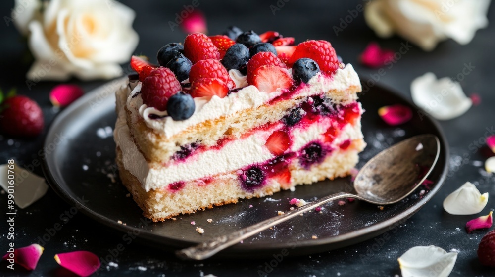 Piece of exquisite gourmet strawberry white cream biscuit cake with blueberry, raspberry and strawberry topping on a black metal plate , spoon nearby, white rose petals around. in closeup.
Piece of exquisite gourmet strawberry white cream biscuit cake with blueberry, raspberry and strawberry topping on a black metal plate , spoon nearby, white rose petals around. in closeup.