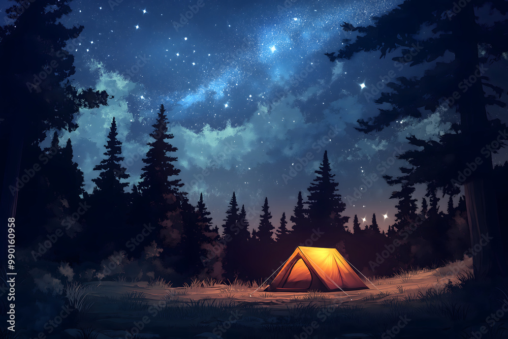 A cozy tent nestled in a quiet forest, with a vast, star-filled sky above A cozy tent nestled in a quiet forest, with a vast, star-filled sky above