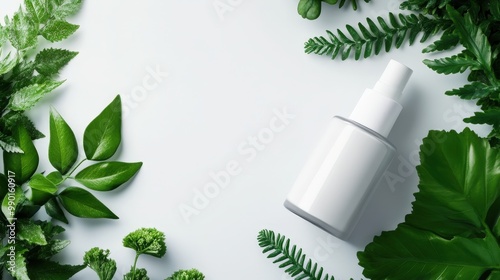 A white spray bottle surrounded by fresh green leaves on a clean surface. photo