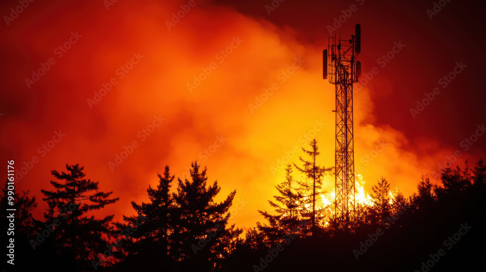image depicts dramatic scene of forest fire with communication tower silhouetted against fiery orange sky. intense colors evoke sense of urgency and danger as flames threaten surrounding trees image depicts dramatic scene of forest fire with communication tower silhouetted against fiery orange sky. intense colors evoke sense of urgency and danger as flames threaten surrounding trees