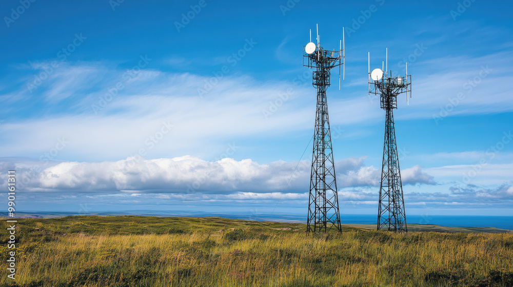 Two signal towers with radar antennas stand tall against clear blue sky, surrounded by lush green grass and distant ocean views, providing critical data for communication Two signal towers with radar antennas stand tall against clear blue sky, surrounded by lush green grass and distant ocean views, providing critical data for communication