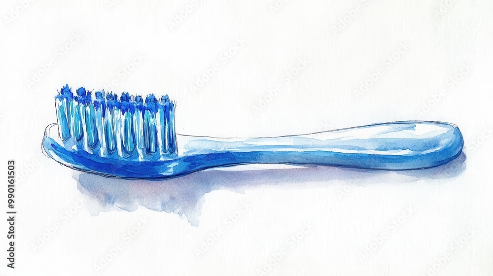 A blue toothbrush resting on a white surface with bristles arranged for optimal cleaning in a well-lit environment A blue toothbrush resting on a white surface with bristles arranged for optimal cleaning in a well-lit environment