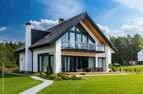 Modern two-story house with gable roof, black and white color scheme, large windows on the front facade, wooden cladding on one side of window frames, modern garden in front of it