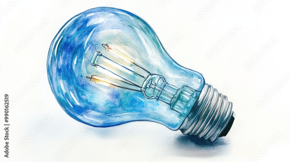 A detailed illustration of a glowing blue light bulb lying on its side against a plain background showcasing intricate design features A detailed illustration of a glowing blue light bulb lying on its side against a plain background showcasing intricate design features
