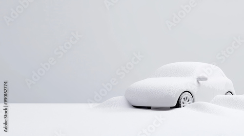 A white car partially buried in snow, showcasing winter weather and transportation challenges in a minimalist setting.