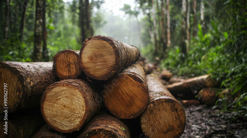 Logs stacked in lush green forest, showcasing beauty of nature and importance of sustainable forestry practices. serene environment highlights connection between wood and ecosystem