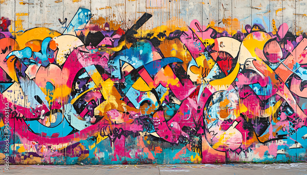 Fototapeta premium A graffiti-covered urban wall, showcasing vibrant colors, bold lines, and an edgy, artistic vibe