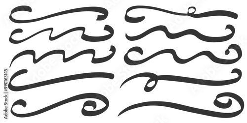 Swoosh lines and underline brush strokes. Swish and curly swash hand drawn vector calligraphic tails. Squiggle doodle dividers and elegant border for decoration. Curved black design elements