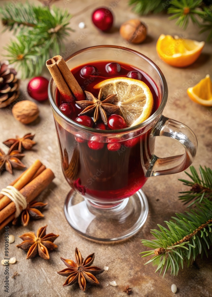 Warm mulled wine garnished with citrus and spices. Warm mulled wine garnished with citrus and spices.