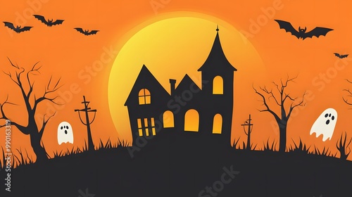 Simple Halloween frame featuring a haunted house silhouette, glowing moon, and playful ghosts. Perfect for seasonal decorations or festive invitations, blending traditional Halloween themes