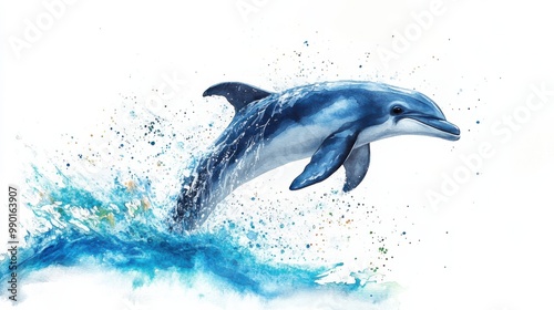 A dolphin leaps joyfully out of the ocean waves on a sunny day, showcasing its vibrant blue colors in a lively display of marine life