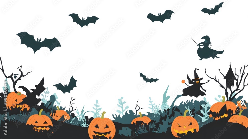 Halloween-themed border featuring playful pumpkins, whimsical witches, and flying bats, designed in a clean flat style on a pure white background Halloween-themed border featuring playful pumpkins, whimsical witches, and flying bats, designed in a clean flat style on a pure white background