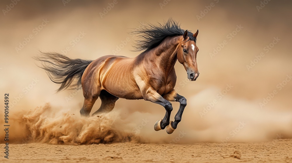 Obraz premium Dynamic Horse Running Through Dusty Terrain