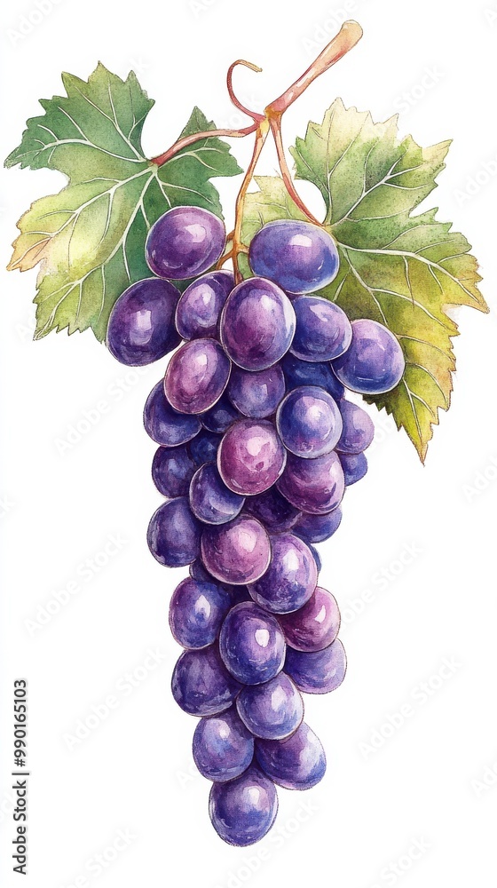 Fototapeta premium A vibrant cluster of purple grapes with lush green leaves, showcasing natural beauty and ripeness of the harvest