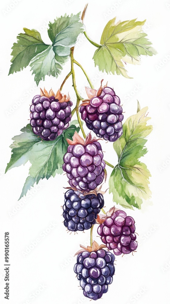 A watercolor illustration of ripe blackberries hanging on a vine with green leaves against a white background A watercolor illustration of ripe blackberries hanging on a vine with green leaves against a white background