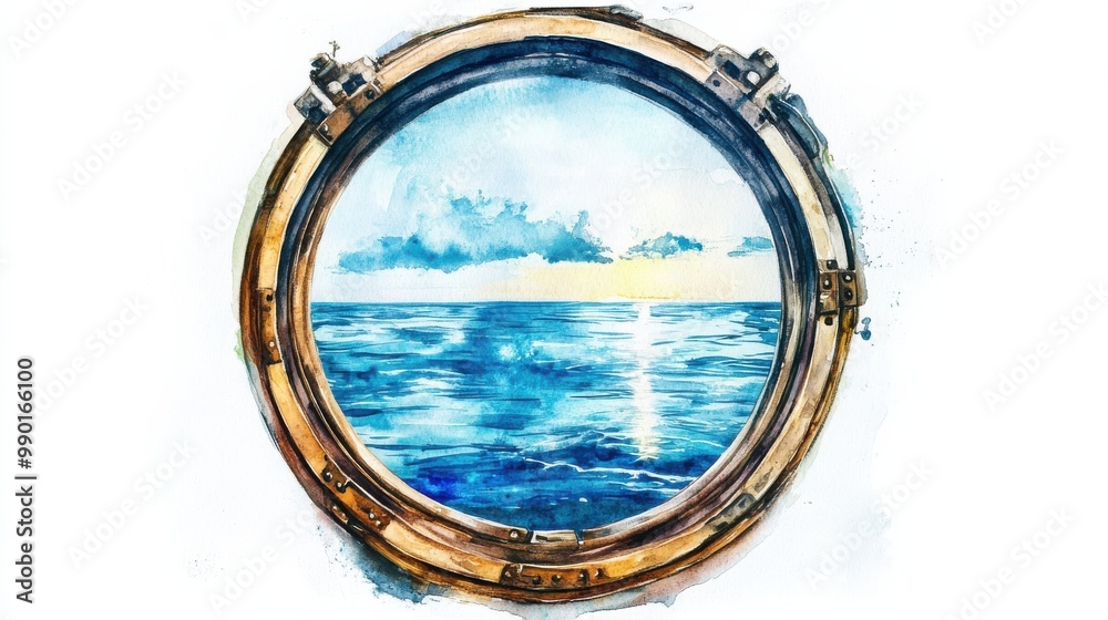 A circular porthole showcasing a tranquil ocean view with a beautiful sunset reflected on gentle waves A circular porthole showcasing a tranquil ocean view with a beautiful sunset reflected on gentle waves