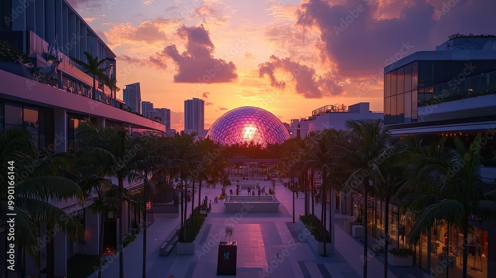 Naklejka premium Buckminster Fulleraes Flyaes Eye Dome at sunset, casting shadows over the Miami Design District, with high-end boutiques and art installations in view
