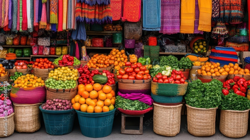 custom made wallpaper toronto digitalA bright, colorful market scene with stalls filled with vibrant produce, textiles, and decorations, exuding life and energy