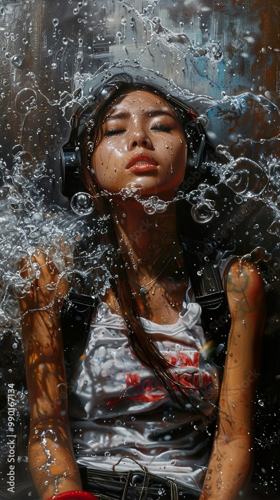 Obraz premium Woman with Headphones in a Water Splash - Hyperrealistic Painting