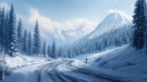 Scenic winter landscape with snow-covered mountains, winding road, and evergreen trees under a clear sky