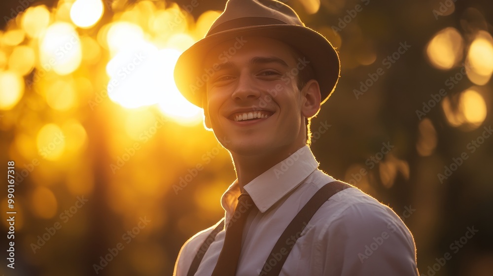 A man in a hat smiles confidently during sunset in a natural setting, showcasing warm tones and a joyful atmosphere A man in a hat smiles confidently during sunset in a natural setting, showcasing warm tones and a joyful atmosphere