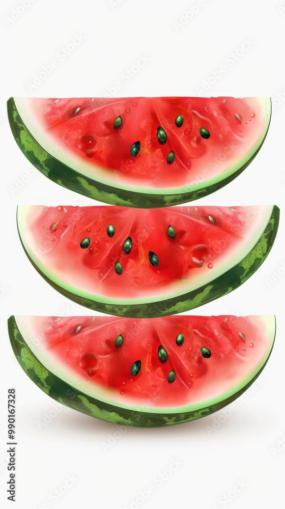 Fresh watermelon slices arranged neatly on a white background, showcasing vibrant colors and juicy texture ideal for summer snacks Fresh watermelon slices arranged neatly on a white background, showcasing vibrant colors and juicy texture ideal for summer snacks