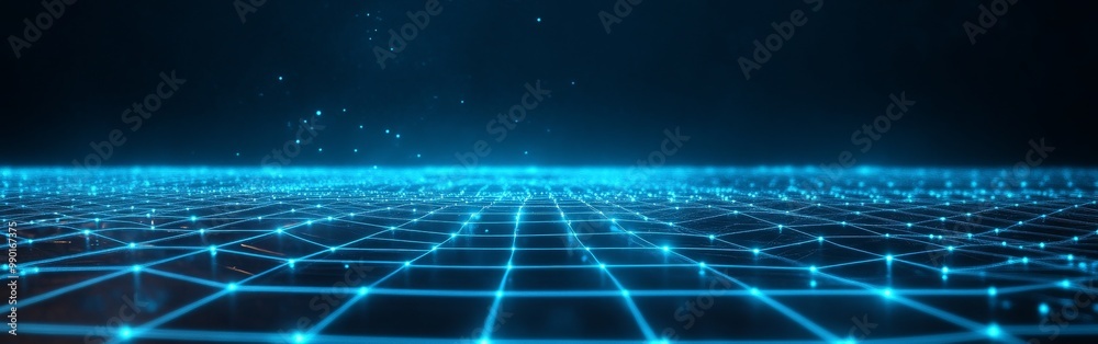A futuristic grid landscape illuminated by blue light against a dark background, creating a digital horizon effect A futuristic grid landscape illuminated by blue light against a dark background, creating a digital horizon effect