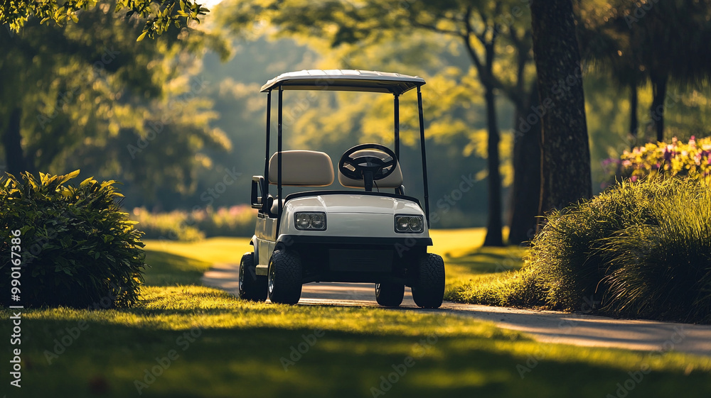 A golf cart parked on a sunny path surrounded by lush greenery in a serene golf course setting A golf cart parked on a sunny path surrounded by lush greenery in a serene golf course setting