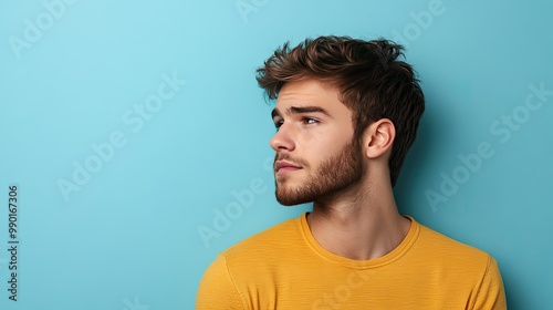 Casual young man looking sideways with a thoughtful expression, against a minimalist light blue backdrop, capturing a sense of quiet reflection and focus.