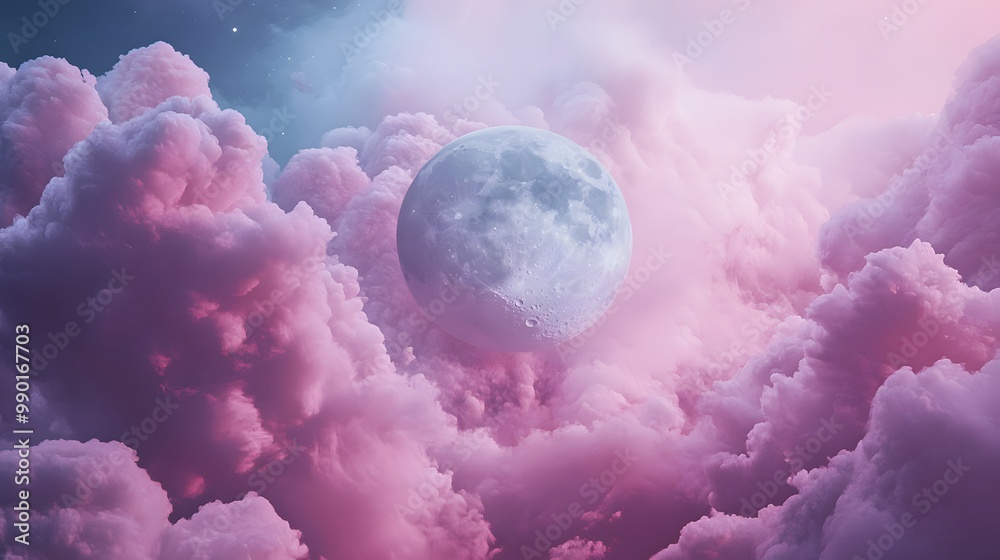 Obraz premium A Silver Moon Peering Through Pink Clouds
