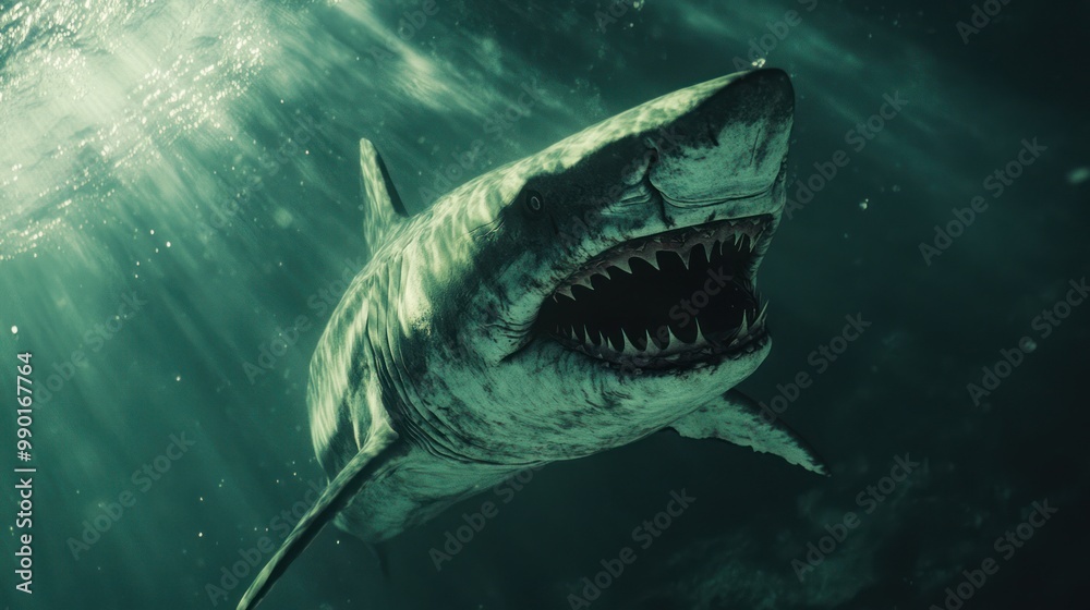 Obraz premium Close-up of a Great White Shark Underwater, Showcasing its Power and Predatory Nature in the Deep Ocean