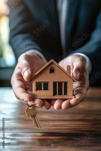 A person holding a wooden house model and keys, symbolizing home ownership and real estate investment. photo