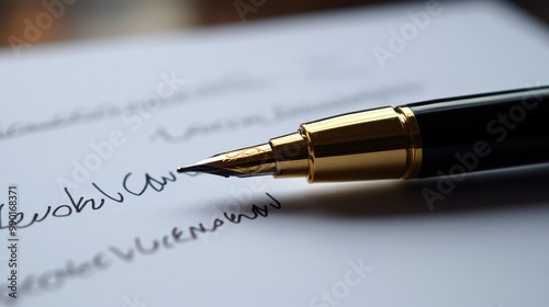 Wallpaper Mural Elegant fountain pen poised above handwritten notes on a crisp white page in a refined workspace setting during daylight Torontodigital.ca