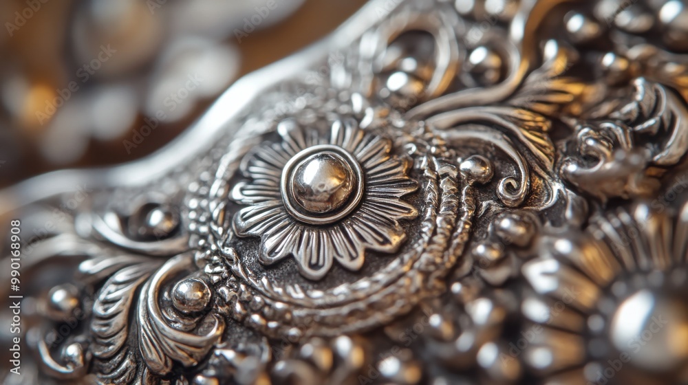 Intricate close-up of ornate silver decorative craftsmanship highlighting floral designs and detailed patterns Intricate close-up of ornate silver decorative craftsmanship highlighting floral designs and detailed patterns