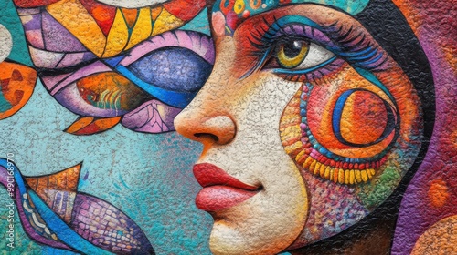 Vibrant mural depicting a woman's face adorned with colorful patterns and artistic floral elements in an urban setting photo