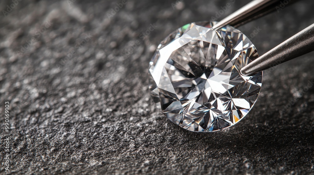 A closeup of a brilliant, shiny diamond held by tweezers on a grey textured surface, with ample space for text. Elegant and minimalistic composition A closeup of a brilliant, shiny diamond held by tweezers on a grey textured surface, with ample space for text. Elegant and minimalistic composition