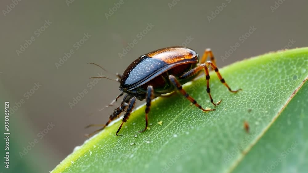 A tick is perched on the edge of a green leaf, showcasing its detailed features and textures. The sunlight highlights its shiny body, emphasizing its presence in the lush environment A tick is perched on the edge of a green leaf, showcasing its detailed features and textures. The sunlight highlights its shiny body, emphasizing its presence in the lush environment