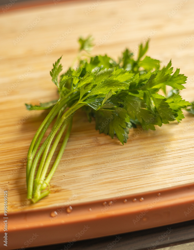 Bunch of Fresh Parsley on a Cutting Board Close-Up Bunch of Fresh Parsley on a Cutting Board Close-Up