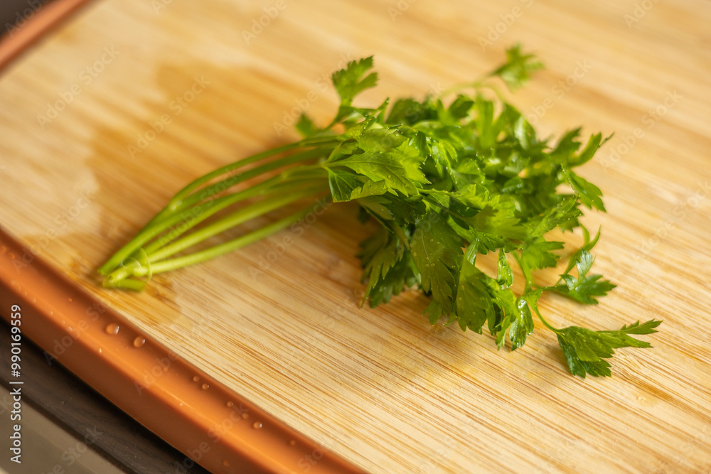 Bunch of Fresh Parsley on a Cutting Board Close-Up Bunch of Fresh Parsley on a Cutting Board Close-Up